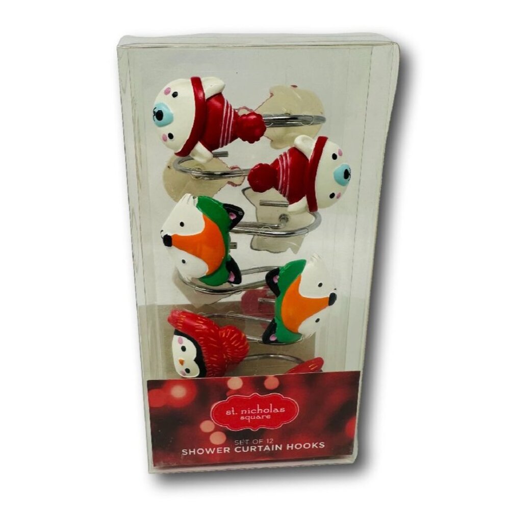 St. Nicholas Square Shower Curtain Hooks Christmas Holiday Penguin Polar Bear